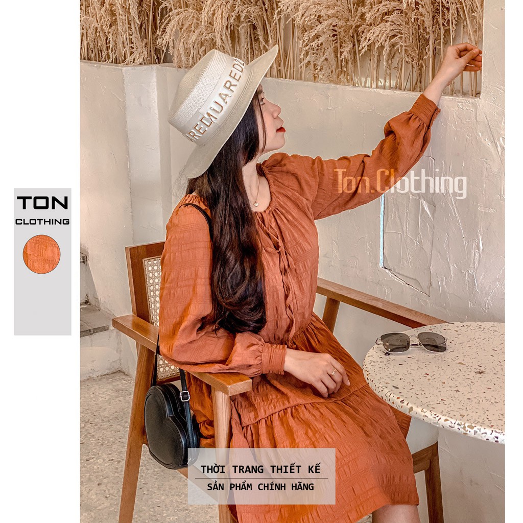 Đầm nữ phong cách Vintage Ton.Clothing đầm xòe vải xô nhún thiết kế tay dài BABI001