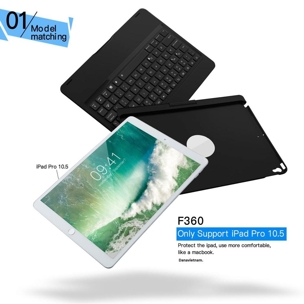 Bàn phím bluetooth kiêm ốp lưng F360 cho iPad Pro 10.5'' xoay 360 độ (Bạc) tặng bút cảm ứng