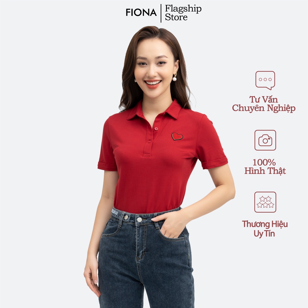 Áo thun cotton nữ Fiona, Áo Polo màu đỏ co giãn tay ngắn phông đính trang trí hình tim FIONA F522183