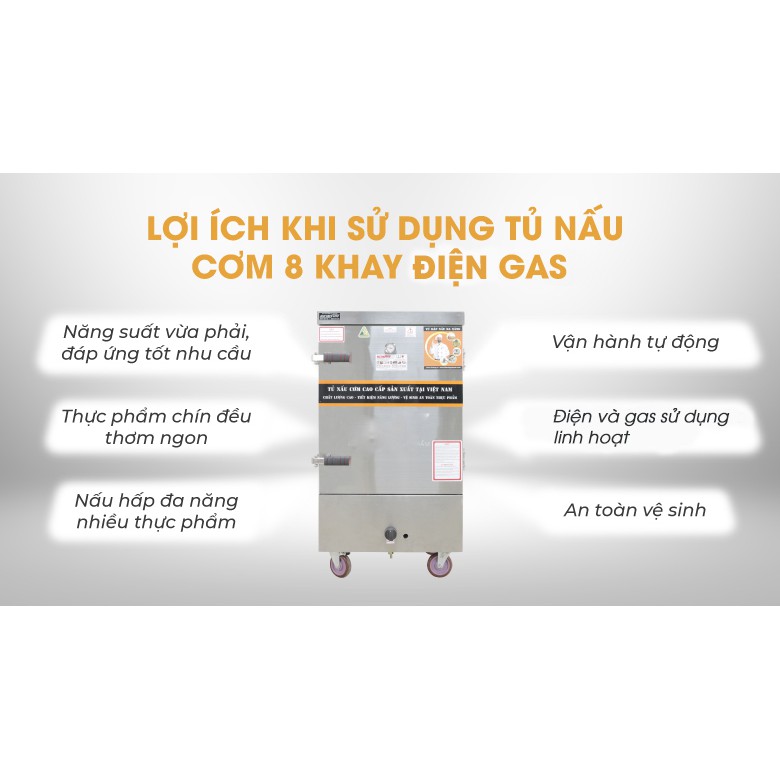 Tủ nấu cơm 40 kg gạo/mẻ 8 khay bằng điện gas NEWSUN Việt Nam - Bảo hành 12 tháng