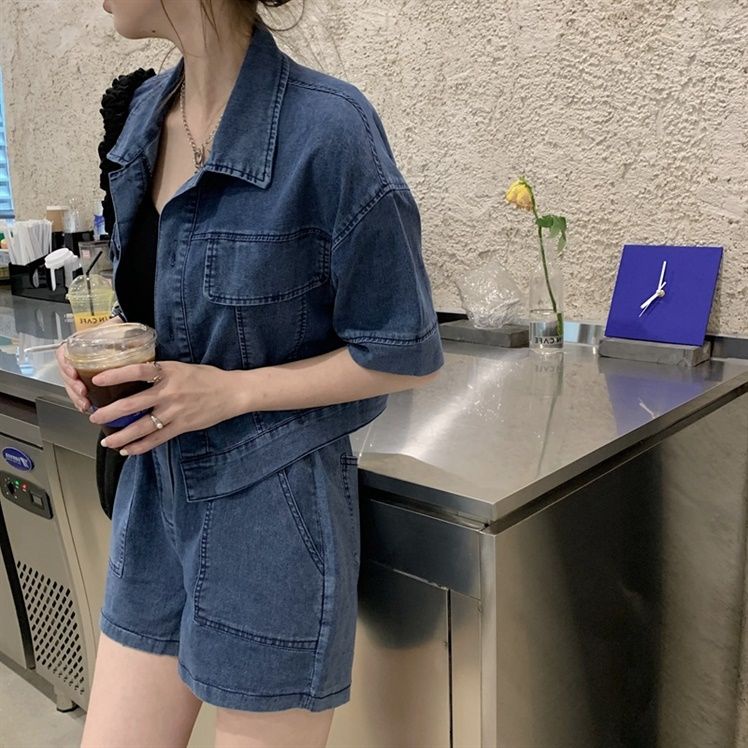 Bộ Áo Khoác Denim Ngắn Tay Dáng Rộng + Quần Short Lưng Cao Thời Trang Hàn Quốc 2022 Dành Cho Nữ
