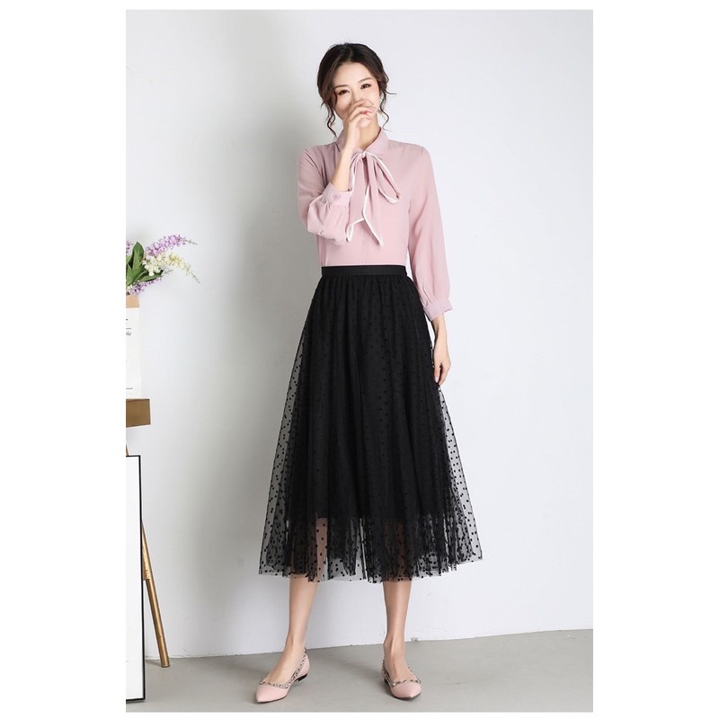 Chân váy xoè công sở vintage voan chấm bi