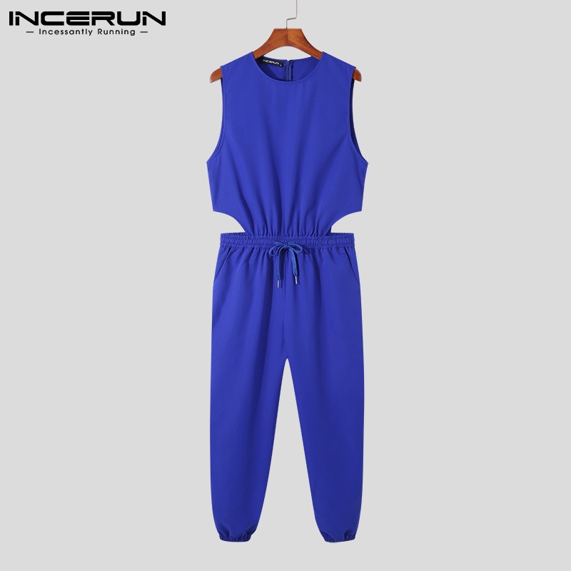 Bộ áo liền quần INCERUN không tay cổ tròn màu trơn thời trang mùa hè cho nam