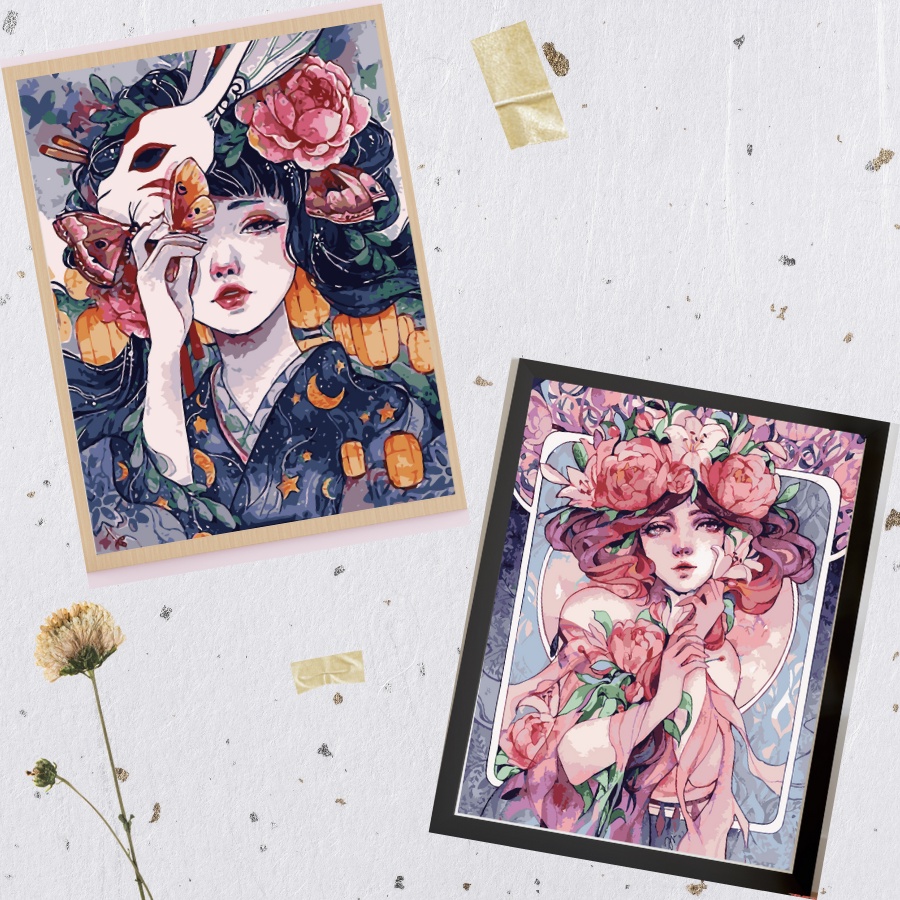 Combo 2 Tranh Sơn Dầu Số Hoá Tự Tô Màu Theo Số Mẫu Tranh Nàng Thơ Chưa Căng Khung Kèm Màu Acrylic Kích Thước 40x50cm