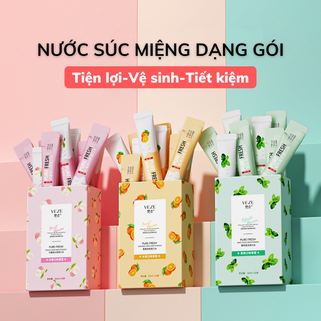 [Hộp 20 gói] Nước súc miệng dạng gói 10ml, mang theo tiện lợi, răng trắng sáng, hơi thở thơm mát sạch sẽ, hương trái cây