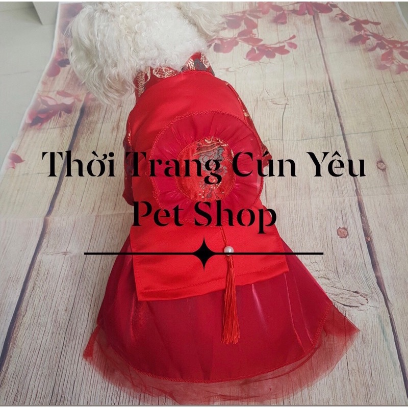 Váy mặc Tết cho thú cưng - áo dài cách tân kèm váy xoè tầng cho chó mèo