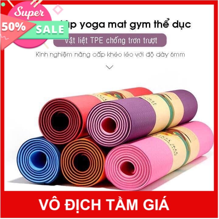 Thảm trải tập yoga (tặng túi) tập gym thể dục tpe êm nhẹ chống trơn trượt 2 lớp 6mm