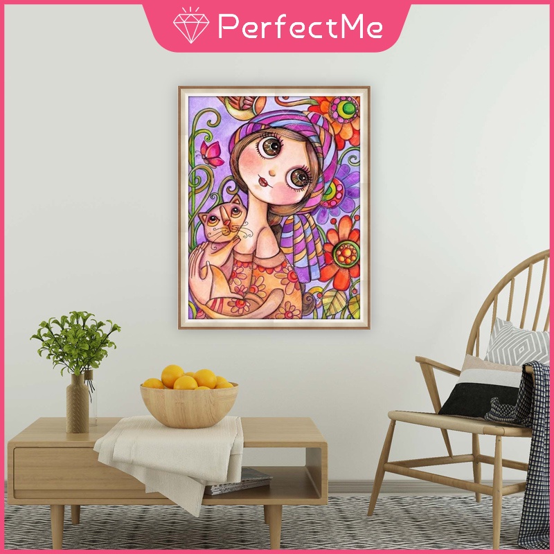 Bộ tranh đính đá 5D tự làm 30 X 40cm hình cô gái và mèo hoạt hình