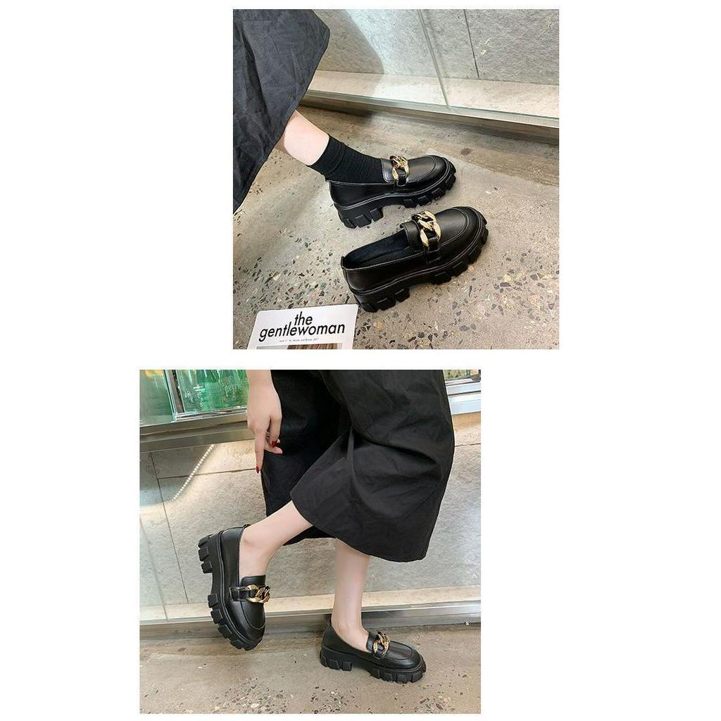 Giày lười nữ phiên bản hàn quốc all-match retro chain dày-soled giày ngón chân tròn jk giày da nhỏ nữ phong cách anh