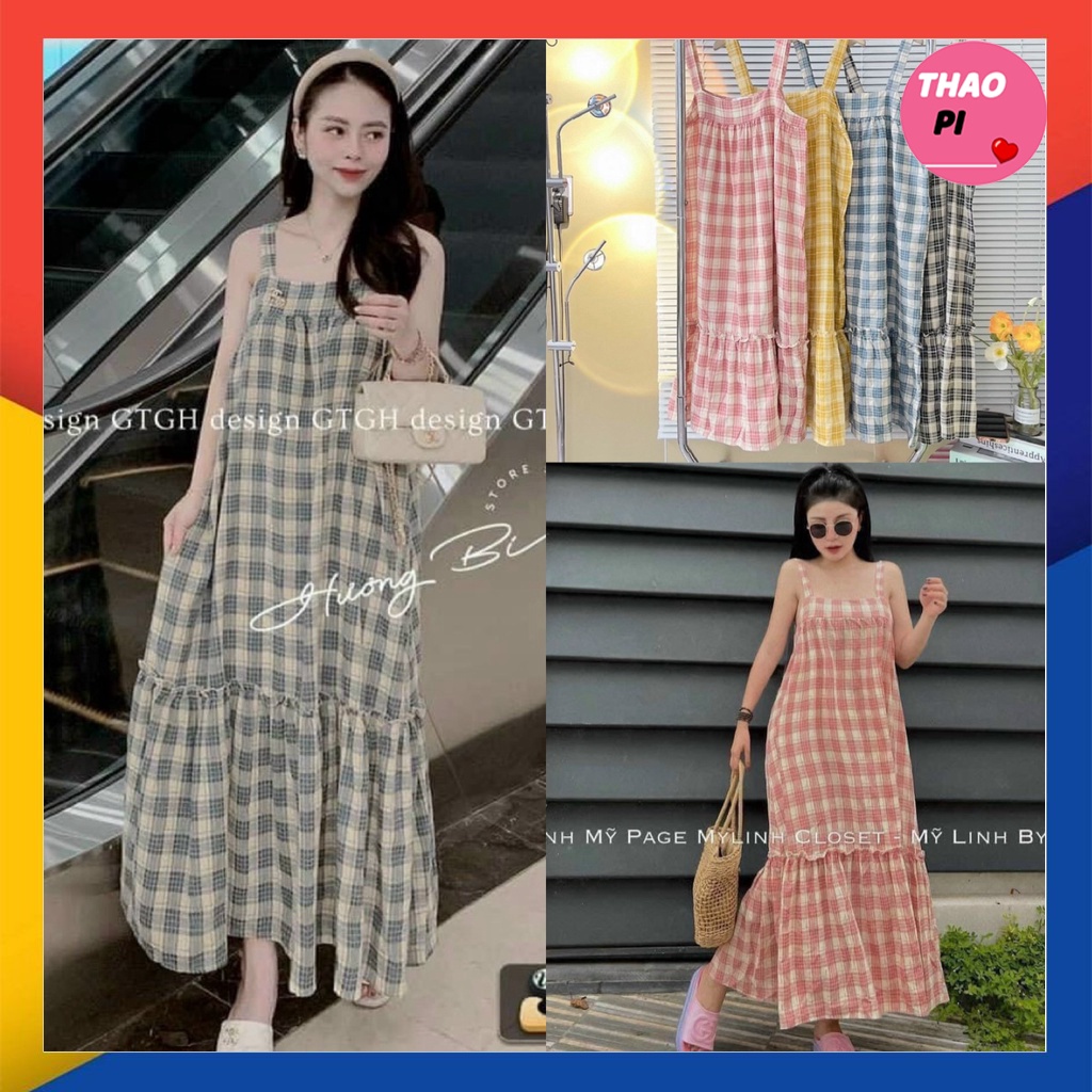 Váy hai dây dáng suông dài sọc caro form chuẩn cao cấp bầu bì bon chen được
