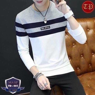 áo thun nam, áo thun tay dài xám trắng 2 sọc to ngực IRIS Style cao cấp