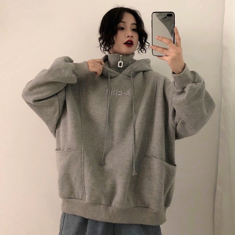 Áo Hoodie Nữ Cổ Cao Thêu Chữ Mới