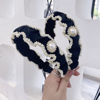 Băng đô cài tóc bản rộng xếp ly đính hạt ngọc trai giả dễ thương cho nữ