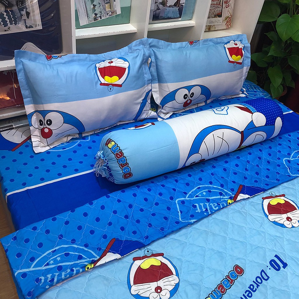 Set 1 drap nệm 2 vỏ gối nằm mẫu Doraemon tem thư 1M6X2M