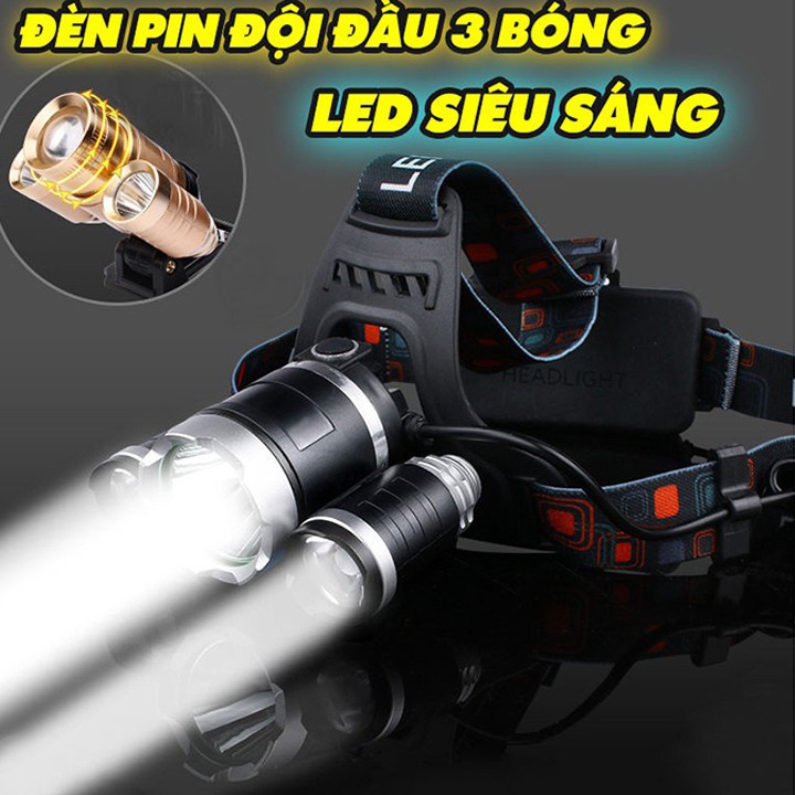 Đèn Pin Đội Đầu 3 Bóng Led T6- Siêu Sáng, Kèm 2 Pin, Kèm Sạc