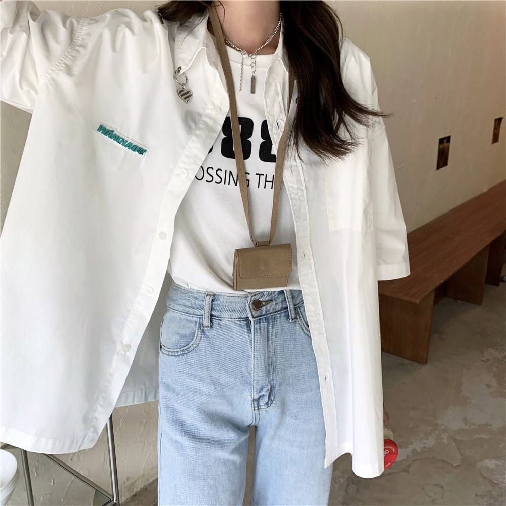 SUXI Áo Sơ Mi Tay Ngắn Màu Sắc Trơn Đơn Giản Phong Cách Vintage Dễ Phối Đồ