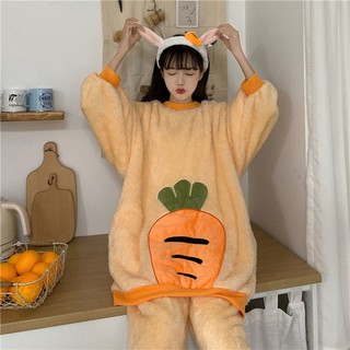 Bộ đồ ngủ nỉ bông lông thú dày dặn họa tiết dâu tây/cà rốt