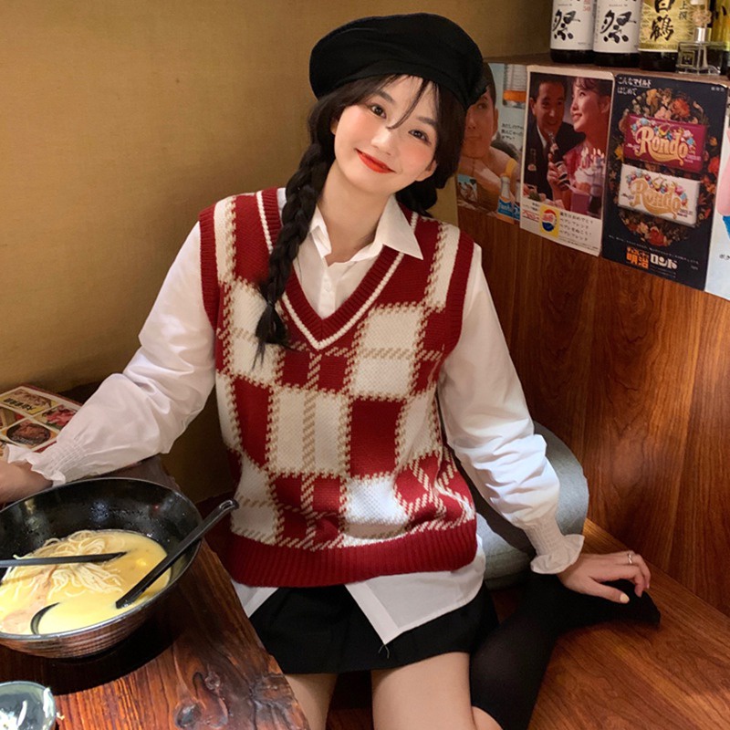 Áo len không tay cổ chữ V họa tiết sọc caro thời trang cho nữ