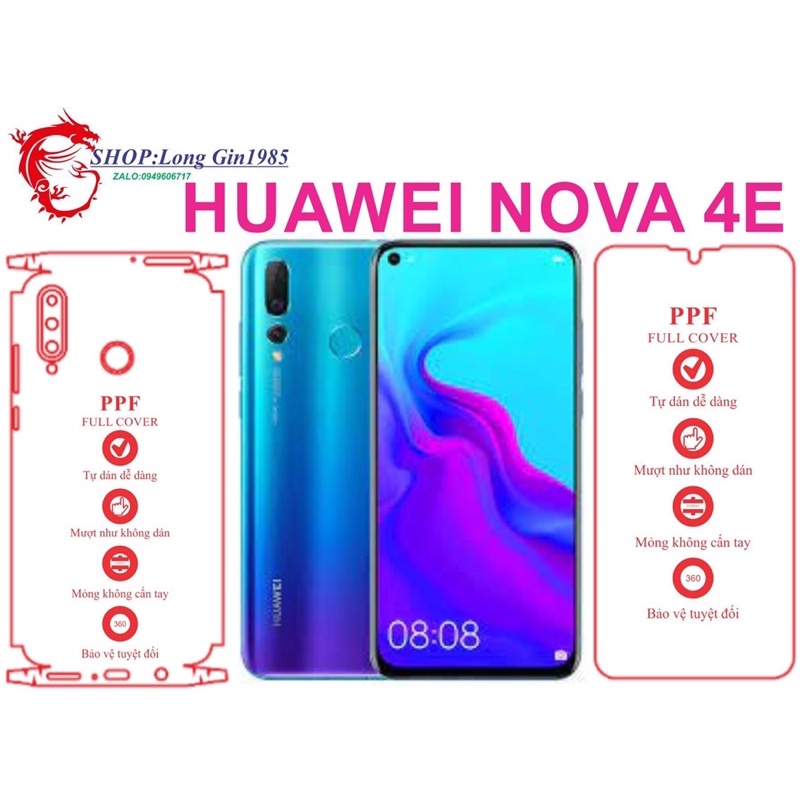 Huawei Nova 4E miếng dán trong Ppf mặt sau và mặt trước chống va đập chống trầy xước