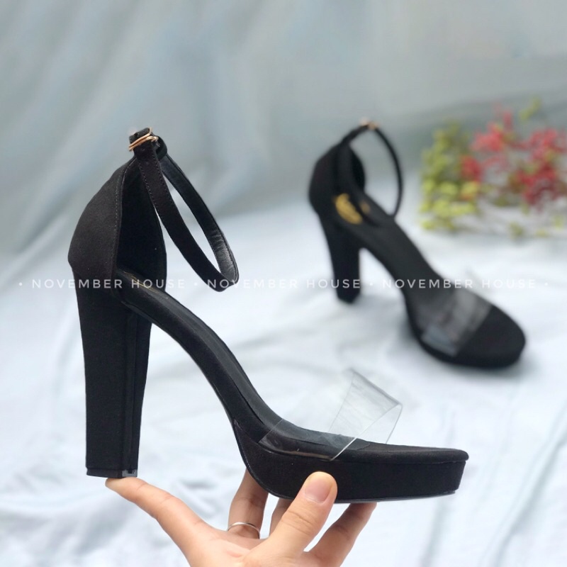 Giày sandal cao gót nữ kiểu dáng gót thô chất liệu phối da lộn, SD18, November House