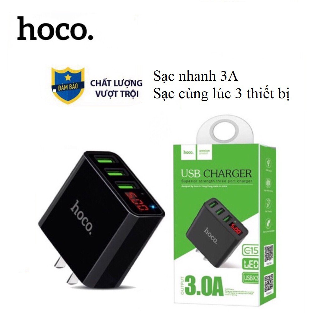 Cốc sạc nhanh 3 cổng usb Hoco C15 3A - cốc sạc màn hình led hiển thị chống cháy nổ - vienthonghn