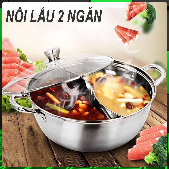 Nồi lẩu điện inox 2 ngăn 32cm, bếp lẩu đa năng đồ dùng nhà bếp tiện lợi cho bếp từ và bếp gas .