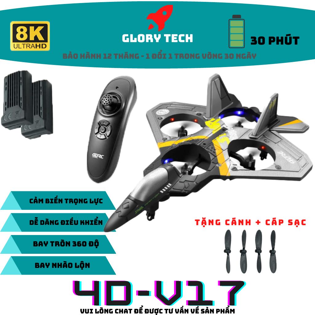 Máy bay phản lực điều khiển từ xa V17 2.4G 2022 - Bay nhào lộn, Bay quay vòng tròn 360 độ, Bay 15 phút, Tặng cánh
