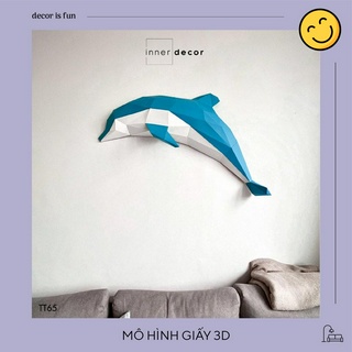 Mô hình 3d giấy hình cá heo xanh tự lắp ghép treo tường