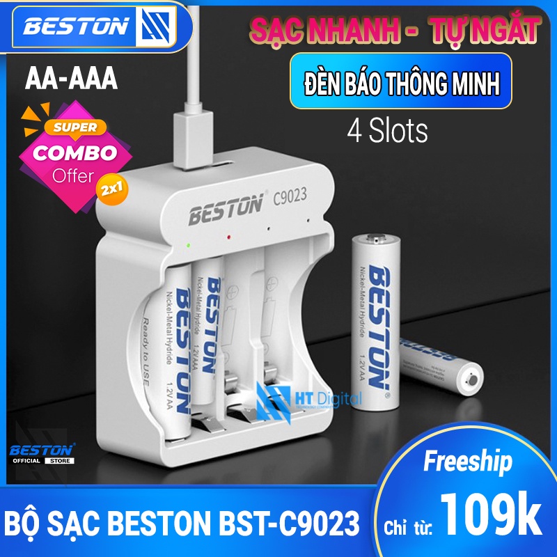 Bộ Sạc 4 pin AA AAA Beston C9023,có tính năng sạc nhanh,tự ngắt khi đầy, đèn LED báo thông minh, dùng cho micro ,remote
