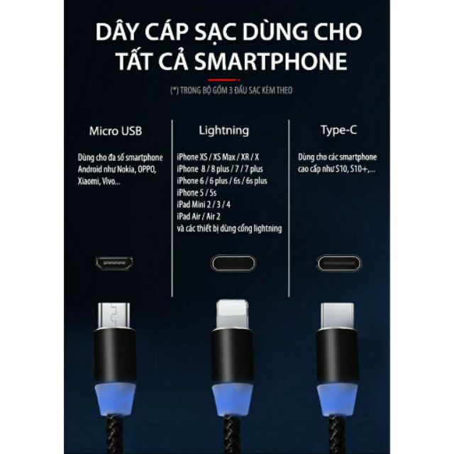 DÂY XẠC + 3 ĐẦU XẠC NAM CHÂM ( Dùng cho mọi điện thoại)