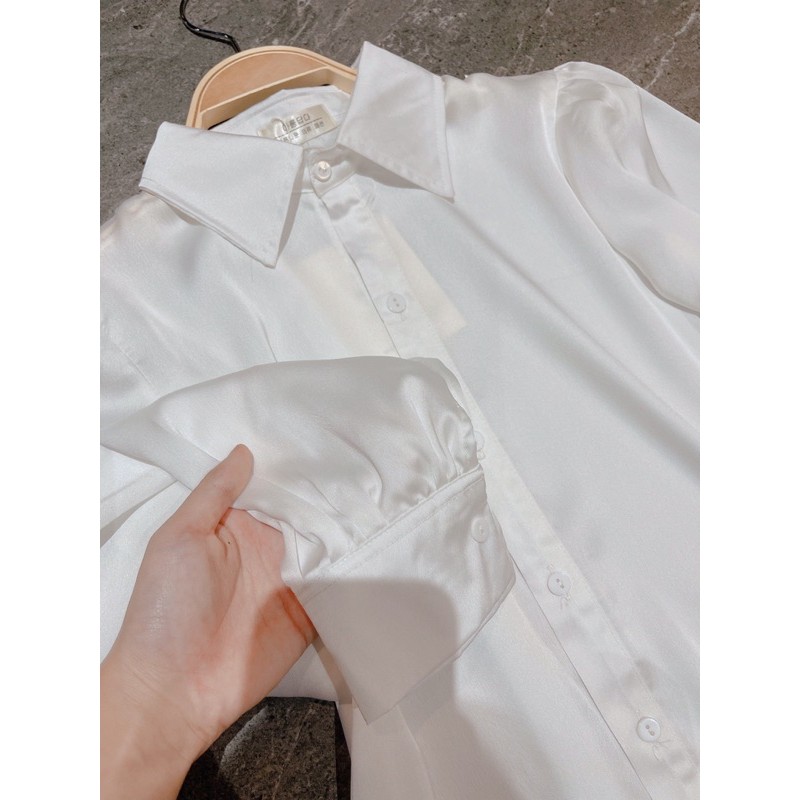 💃 Áo Sơ Mi Nữ Lụa Trắng Áo Dài Tay Công Sở Tay Bồng Cổ Bẻ | BigBuy360 - bigbuy360.vn