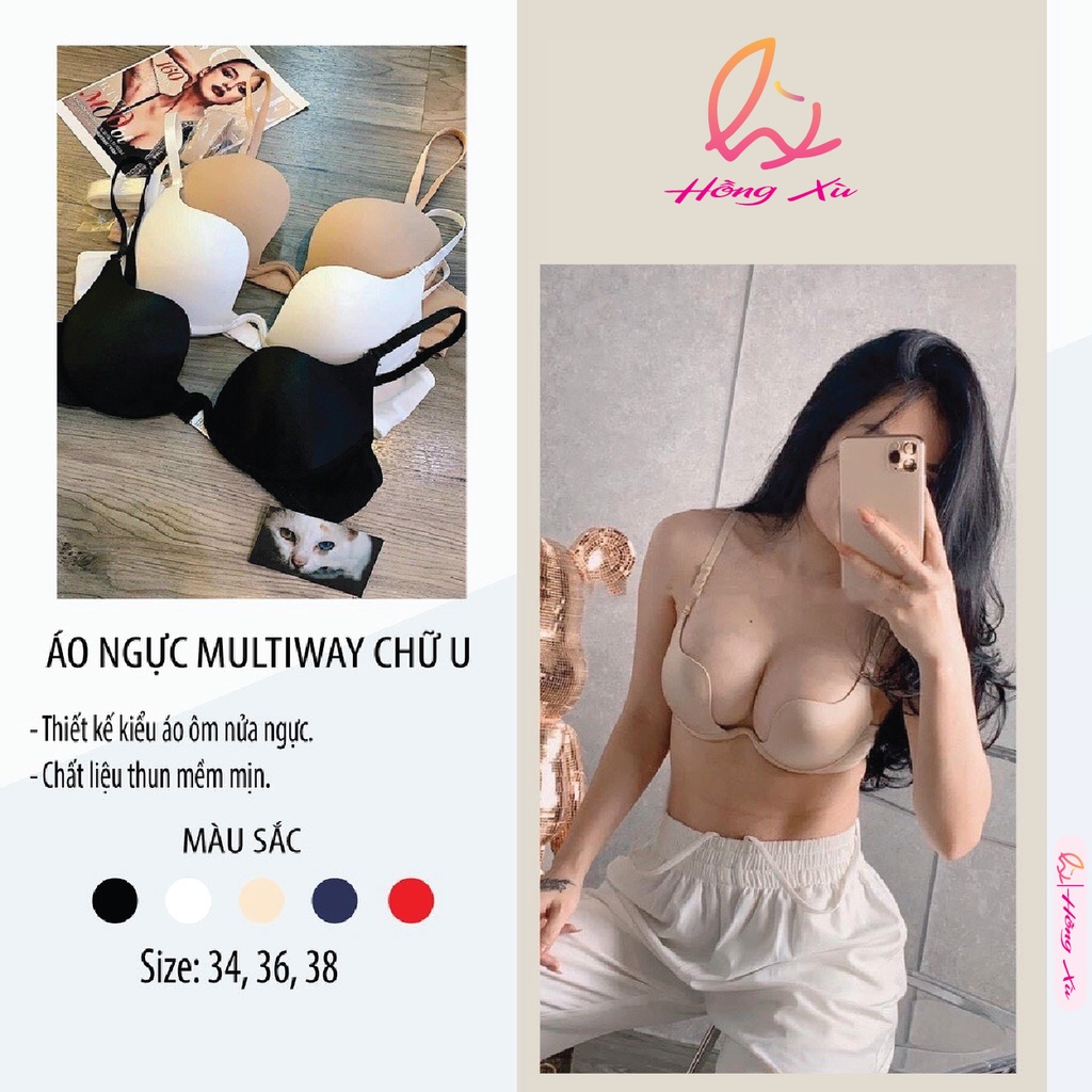 Áo ngực Multiway chữ U, mặc nhiều kiểu, Áo ngực chống tuột mút dày mặc hở lưng [Hồng Xù]