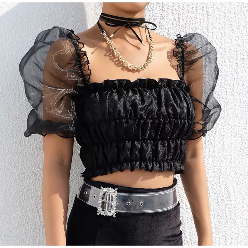 Áo croptop phối voan kiếng
