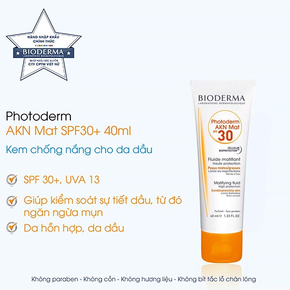 [CHÍNH HÃNG] Kem chống nắng cho da dầu mụn Bioderma AKN Mat 40ml