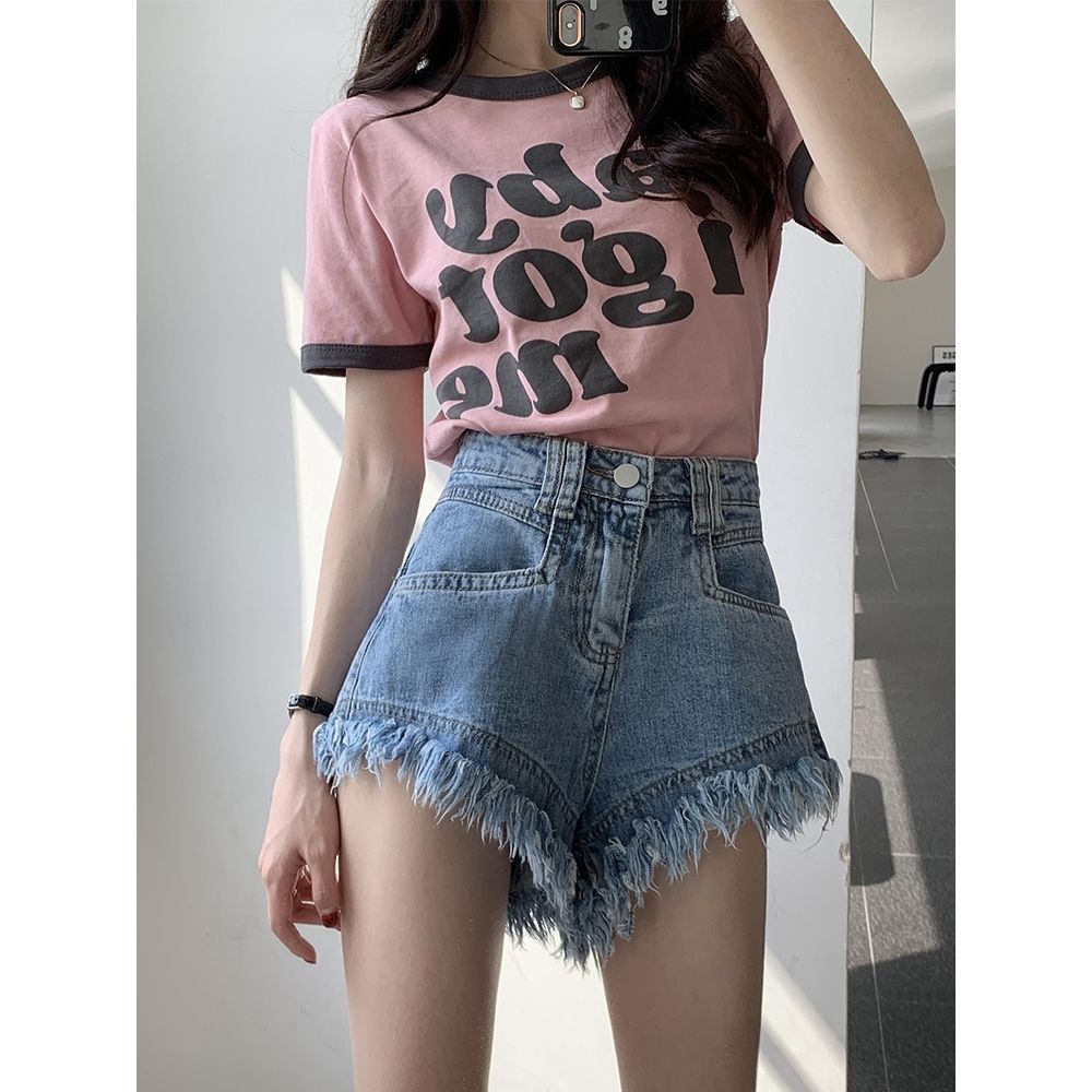 Quần short denim JSC lưng cao viền tua rua phong cách đường phố cho nữ