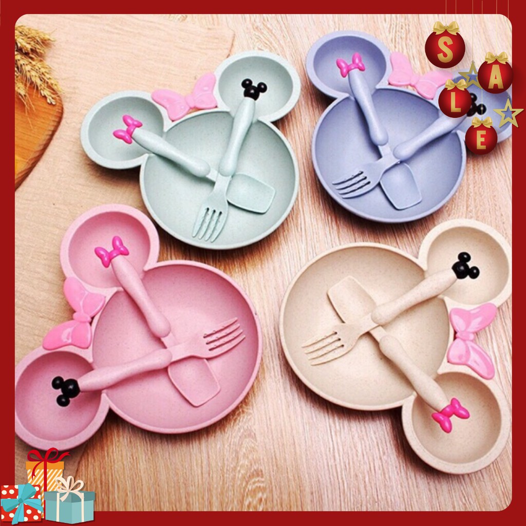 Bát ăn dặm kèm dĩa, thìa hình Mickey bằng sợi tre