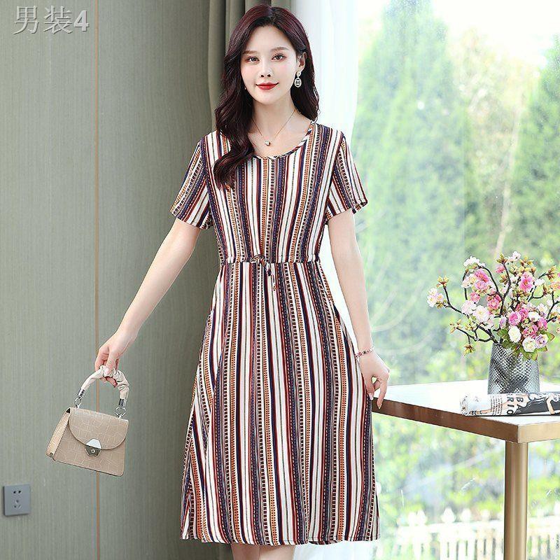 ♛▲┇Váy cotton lụa phong cách mới mùa hè phụ nữ trung niên và cao tuổi ngắn tay cỡ lớn thời trang rộng rãi mẹ d