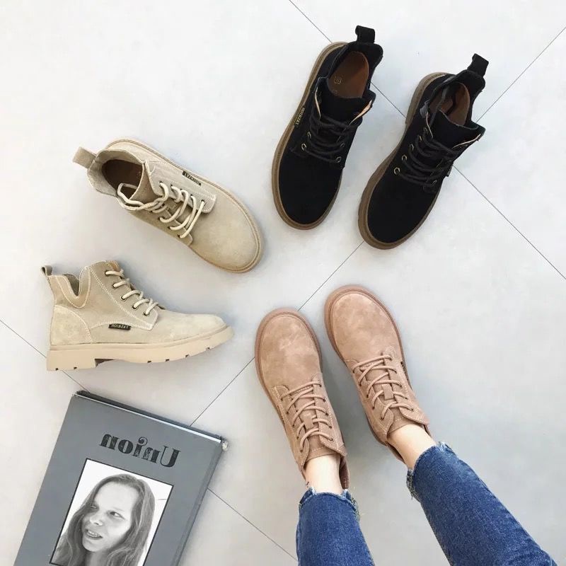 Giày bốt martin IELGY da lộn mũi tròn buộc dây màu trơn kiểu Hàn Quốc thời trang cho bạn gái