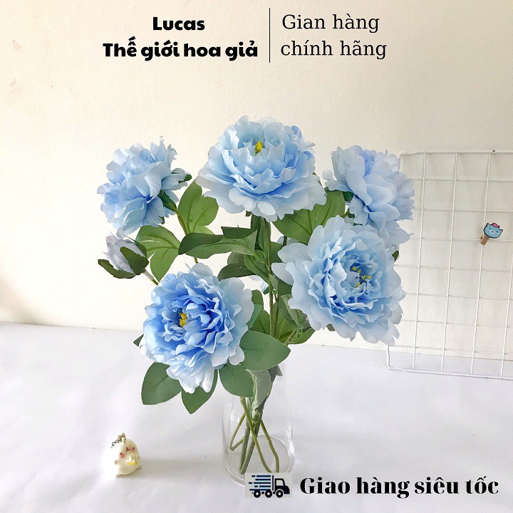 Hoa giả - Hoa mẫu đơn Lucas 70cm 1 cành 2 bông to 1 nụ trang trí đep, giống thật