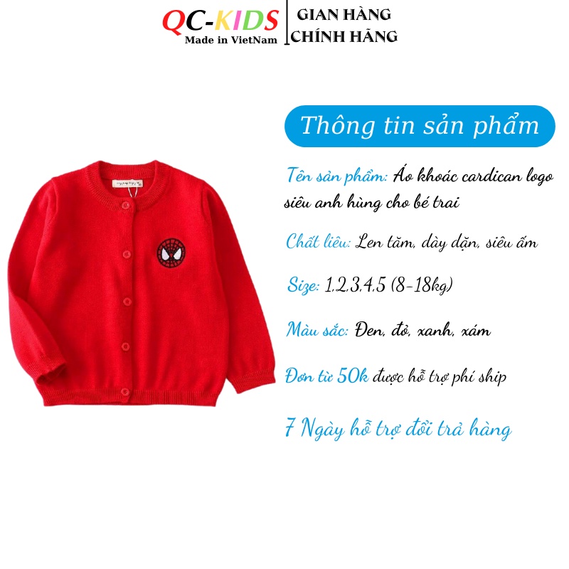 Áo khoác cardigan trẻ em thêu logo siêu anh hùng cho bé trai 8-18kg