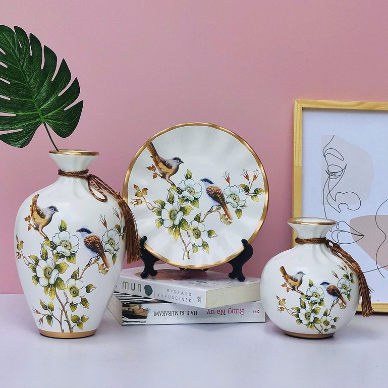 Bộ Lọ Decor 3 Món Bình Hút Lộc Trang Trí Tặng Kèm Kệ Đĩa Dây Buộc