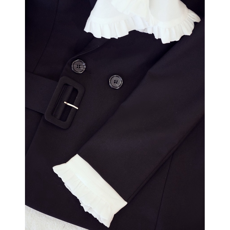 Áo blazer cổ bèo tháo rời kèm dây nịt LOLEM Clothing, măng tô nữ dáng ngắn kiểu vest thời trang cao cấp - Aknb011