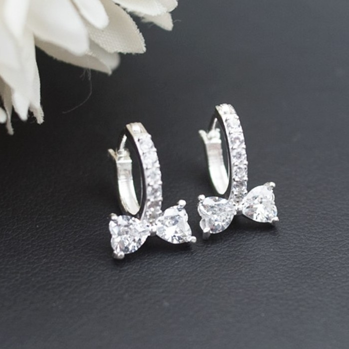 Khuyên Tai Bạc Ta CaoBac Jewellery Cho Nữ Móc Tròn Đá Thiết Kế Chốt Cài Phối Nơ Đá