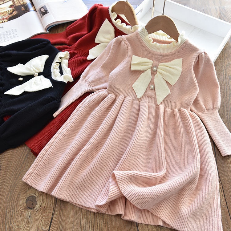 Cô Gái Màu Đỏ Năm Mới Giáng Sinh Váy Nơ Váy Len Dệt Kim Váy Công Chúa Trẻ Em Mùa Đông