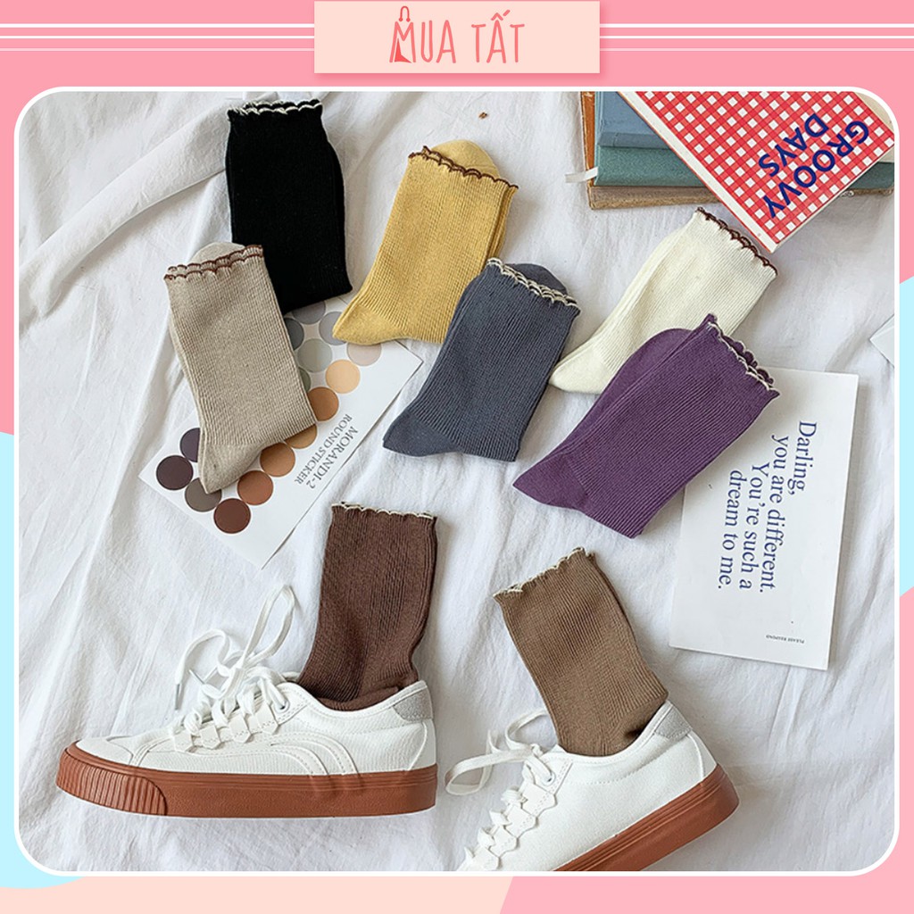 Vớ dài/ tất dài cổ xoăn viền Mua tất trơn gân ( muatatshop)
