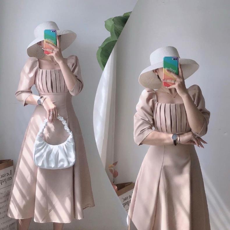 Đầm váy nữ nude xòe xếp li ngực tay lửng TKN ^