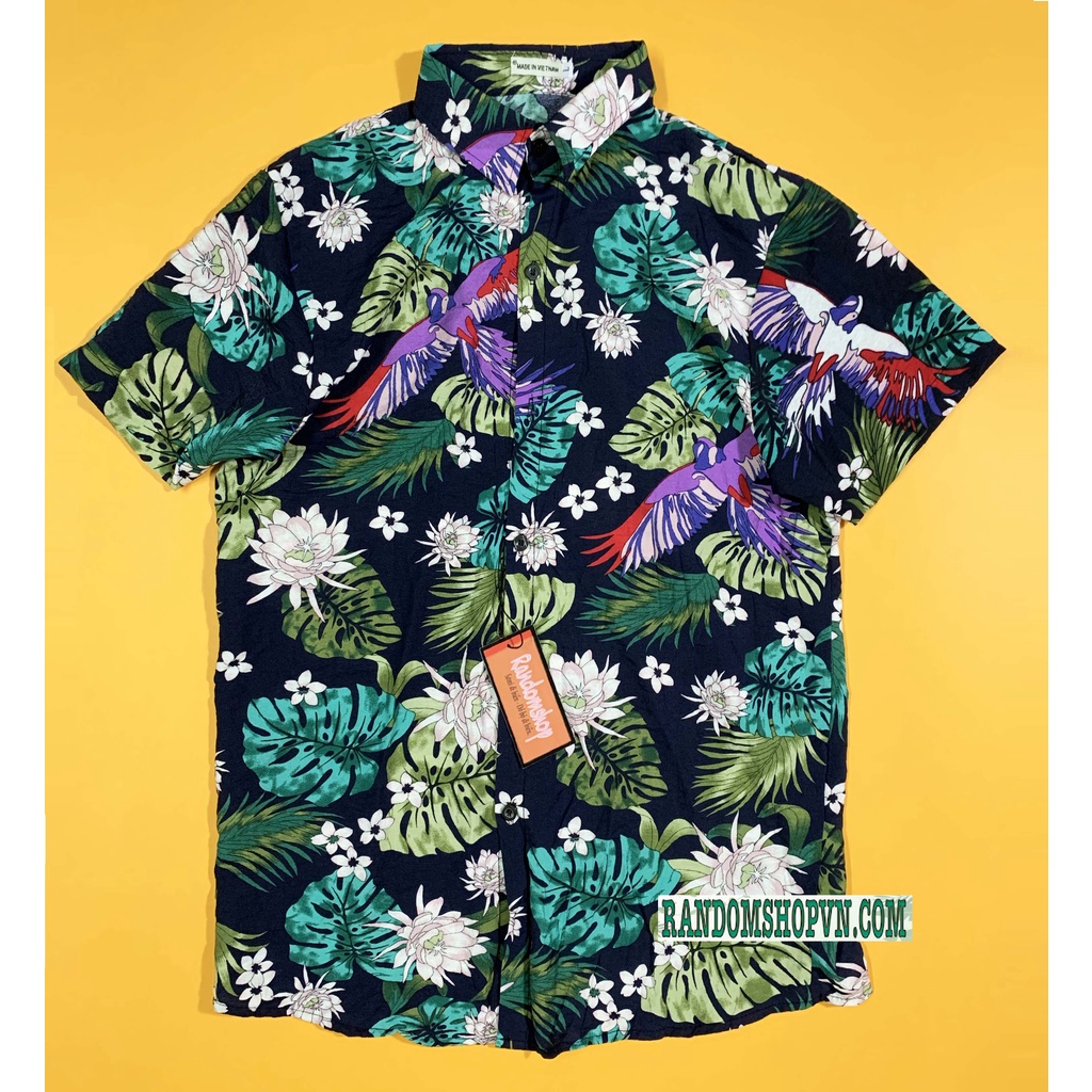 Áo sơ mi hoa lá chim cò đi biển, chất đũi mềm mát nam nữ mặc đẹp
