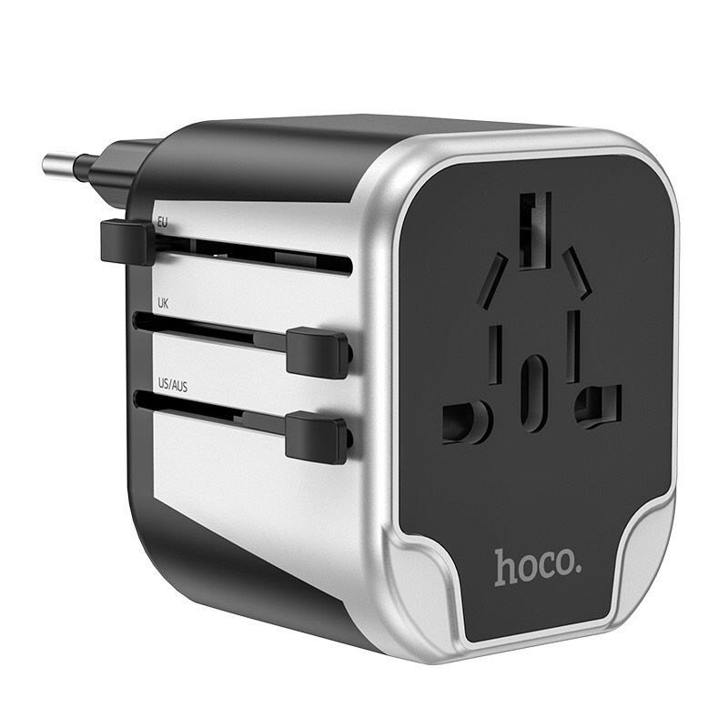 Ổ cắm du lịch đa năng Hoco AC5 có 2 cổng USB 12w và 4 loại chân cắm US - UK - EU - AUS- Phích cắm AC5 nhỏ gọn chính hãng