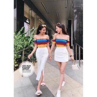 Áo Trễ Vai Voan Nhún Màu Cầu Vồng Siêu Hot  - OAK086