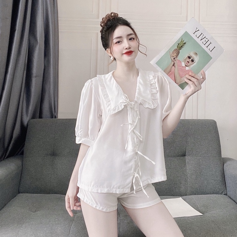 Đồ Ngủ Mặc Nhà Tay Ngắn Lụa Satin Cao Cấp Mềm Mịn Thoáng Mát Cột Dây Nơ Xinh Xắn Freesize - CN036 CINY | BigBuy360 - bigbuy360.vn